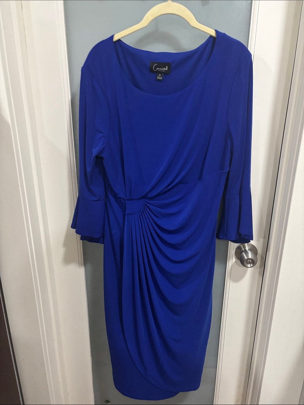 Carmen Marc Valvo Cobalt Blue Draped Knot Midi Dress